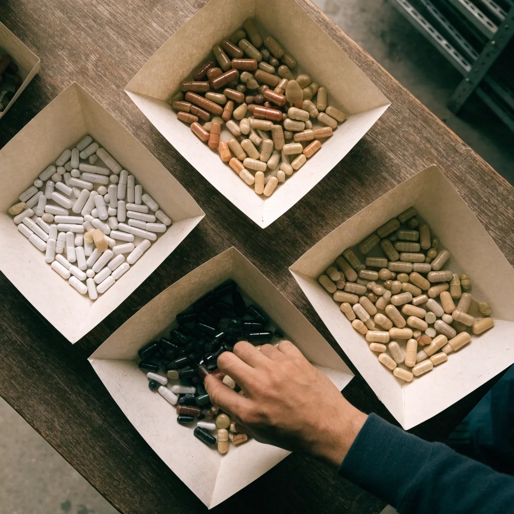 Four shallow trays of plain unlabelled capsules arranged on a wooden work table