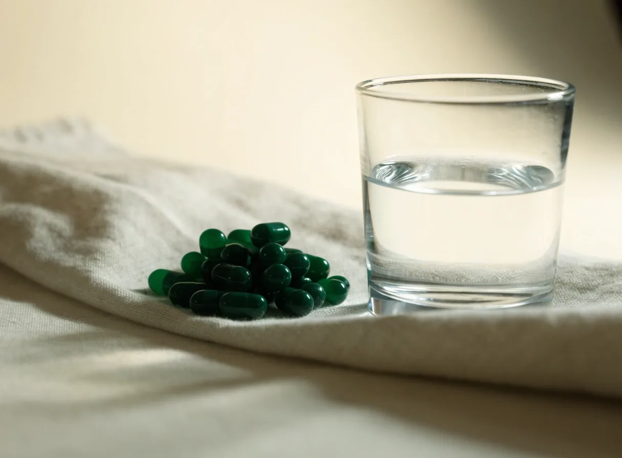 A small stack of plain green capsules on folded linen beside a glass of water in warm daylight