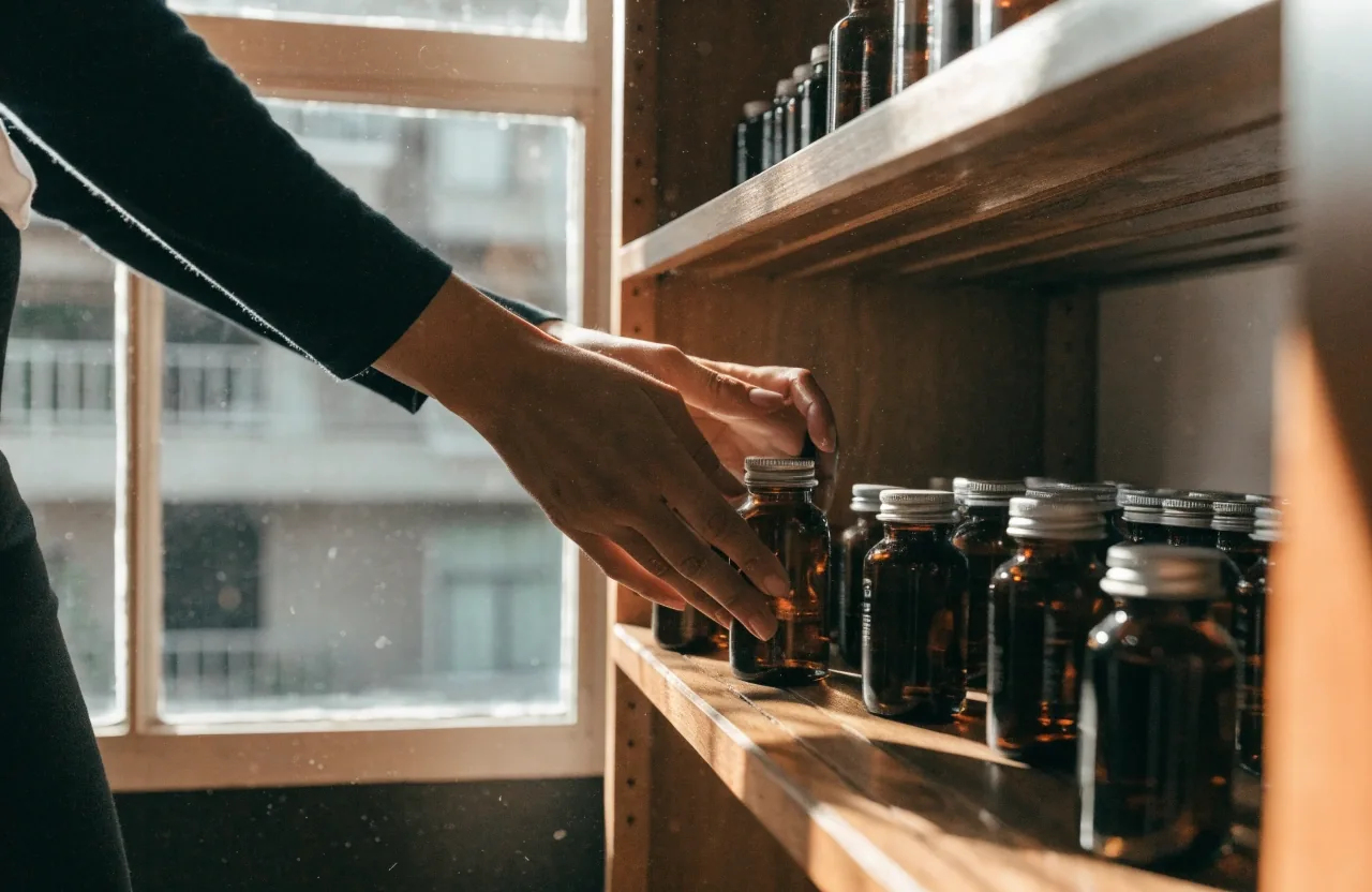 A wooden shop counter at dusk in a Jakarta supplement store, lit by a single warm bulb, with hands turning a plain card over the desk