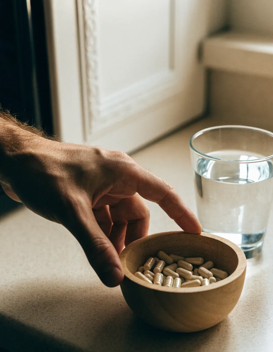 A glass of water and a plain unlabelled capsule on a worn wooden desk in late morning light