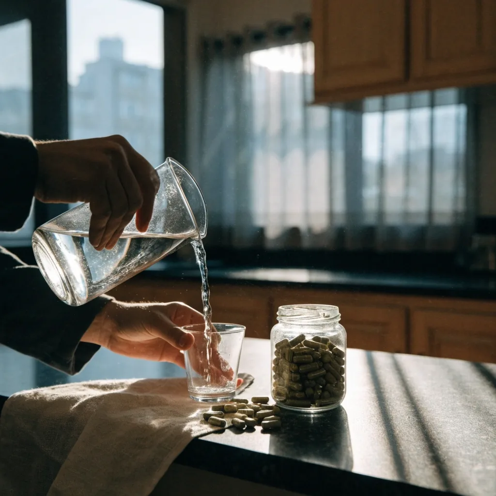 A man holding a glass of water on a shaded Jakarta balcony in early morning light