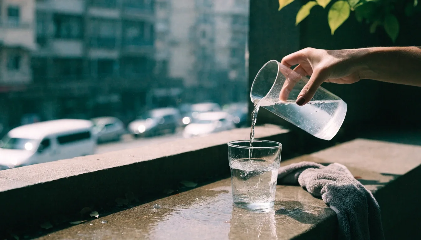 A glass of water and towel on a balcony railing above a hot Jakarta street at midday