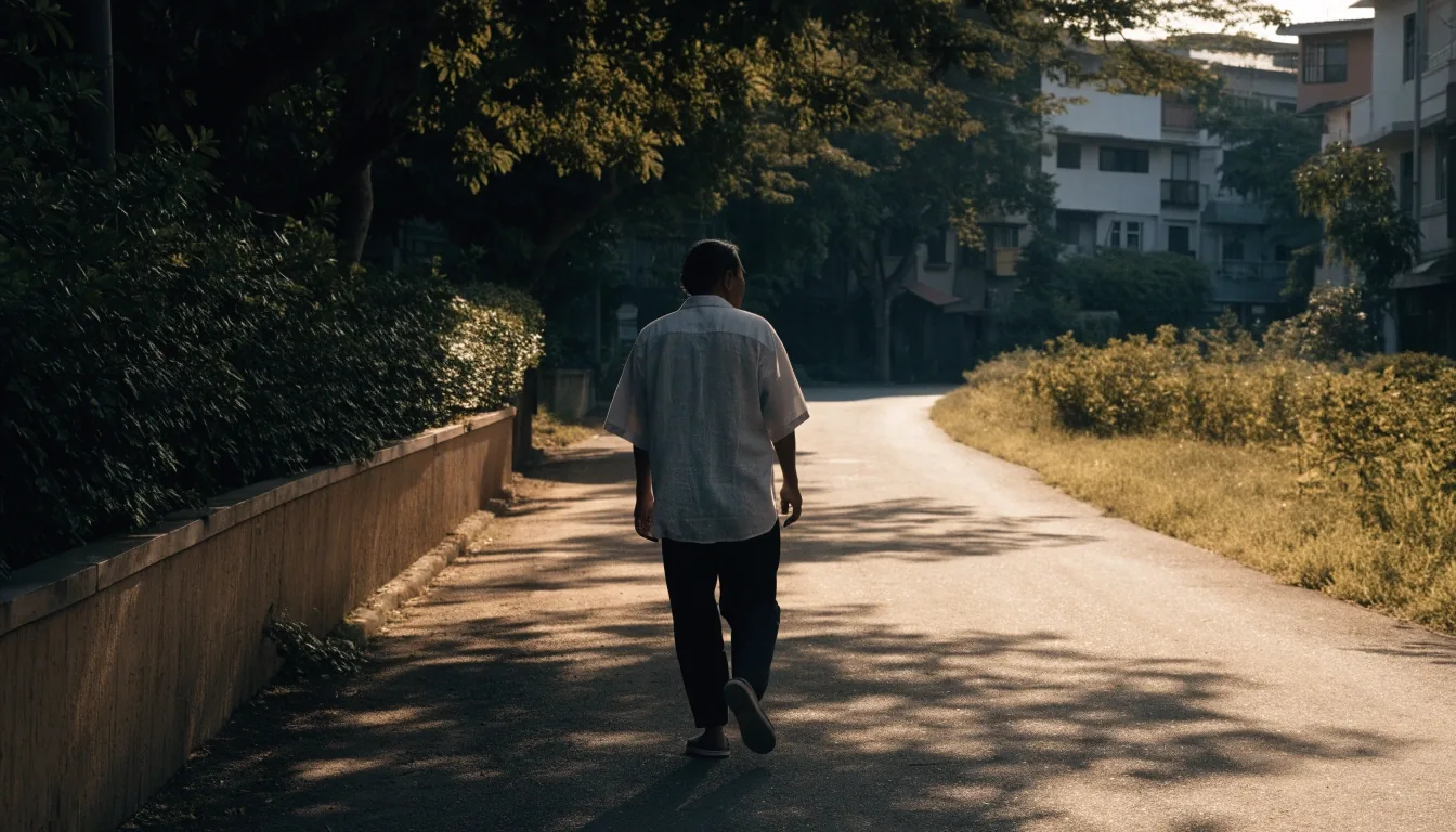Man walking along a shaded residential lane in late afternoon light