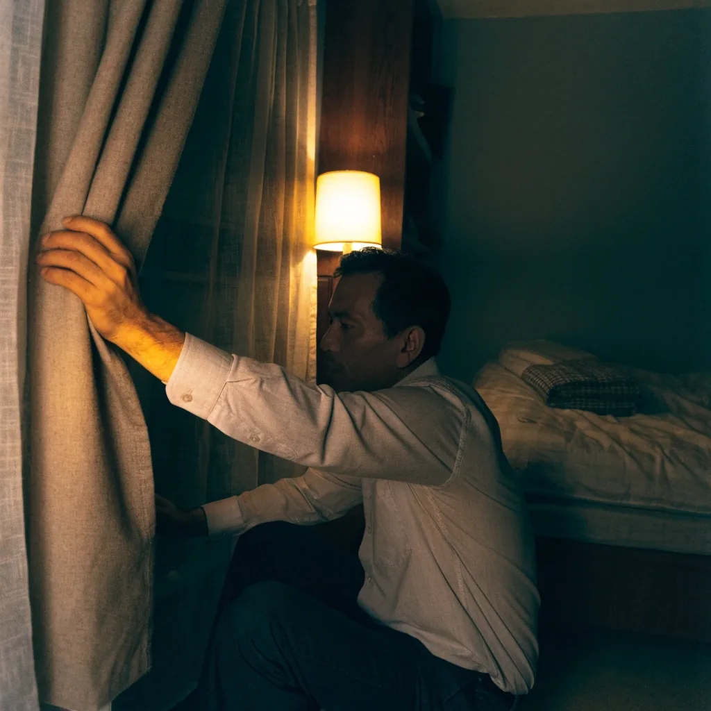 Man closing an evening curtain in a simple bedroom with a lamp on
