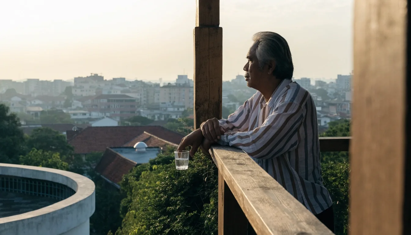 A man on a Jakarta balcony at early morning with a glass of water on the wooden ledge beside him