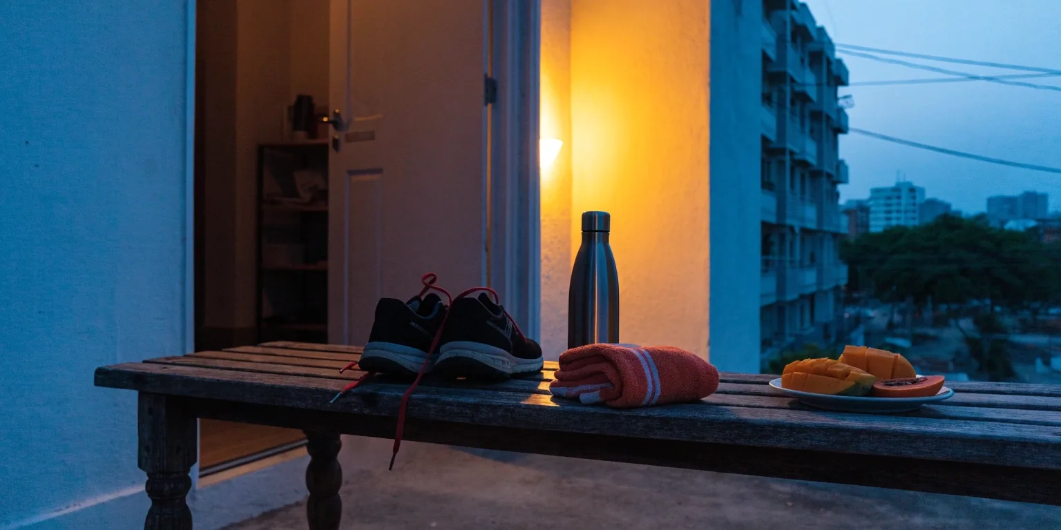 Running shoes, a water bottle, a towel and a plate of fruit on a terrace bench at dusk