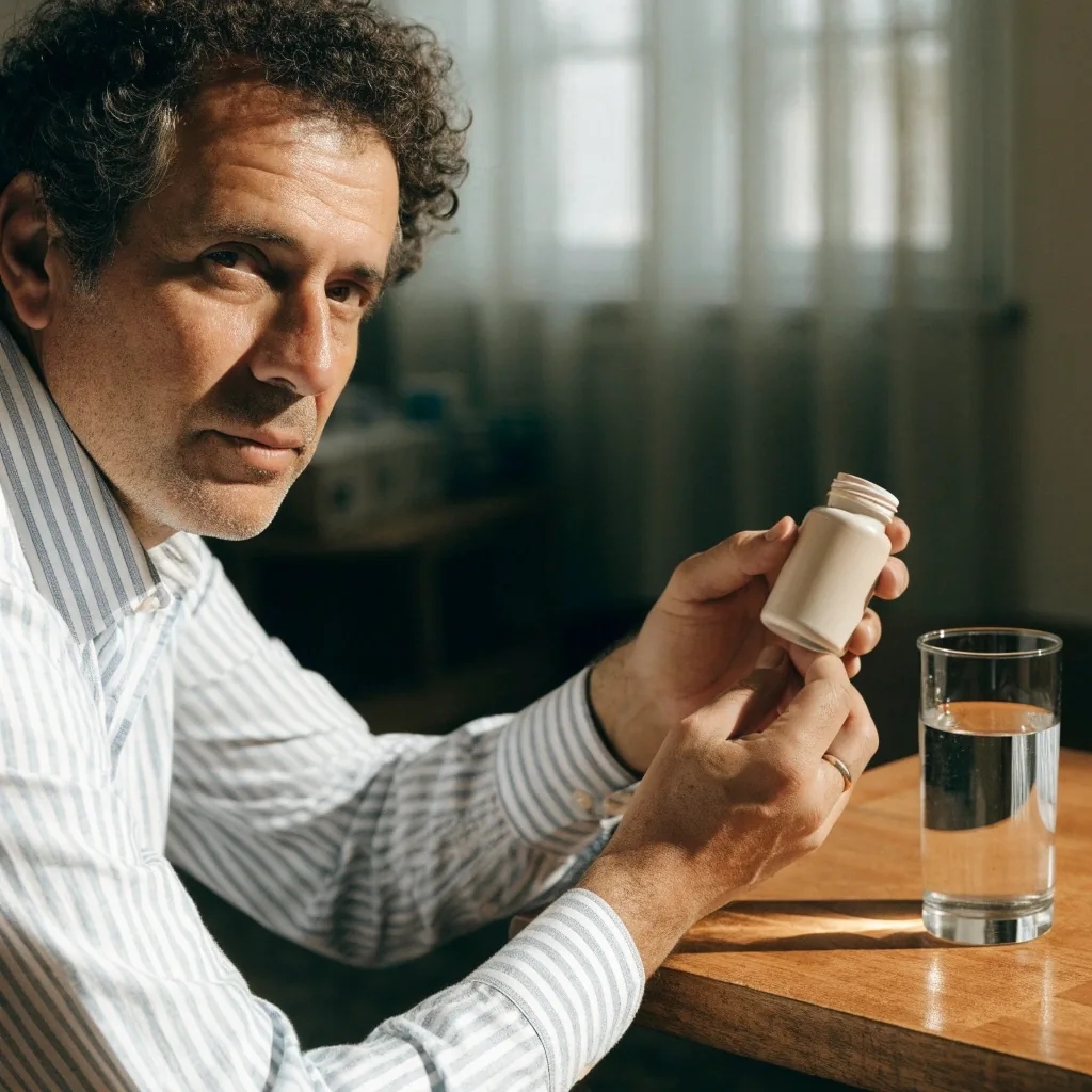 A hand turning a plain unlabelled container over on a desk under a warm lamp