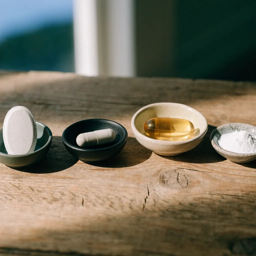 Flat illustration of four supplement formats: tablet, capsule, softgel and powder scoop