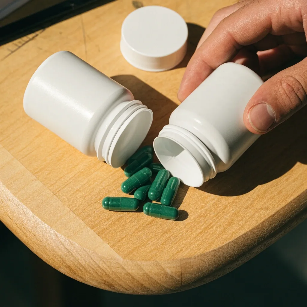 Two unlabelled supplement containers turned over on a wooden desk with plain capsules between them