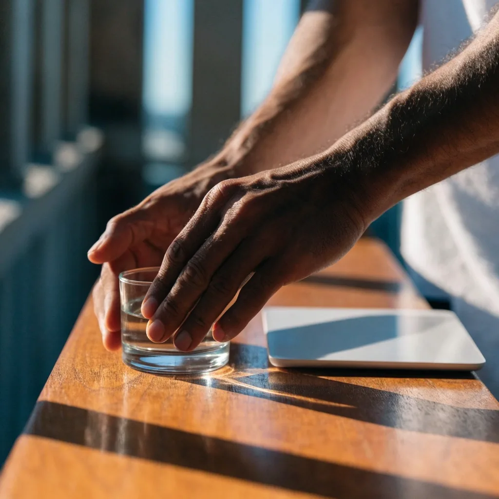 A man's hands setting a glass of water and a plain tablet on a sunlit wooden balcony ledge at morning