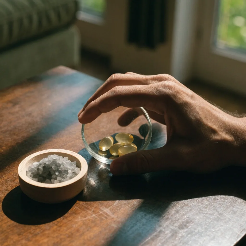 Two plain softgel capsules on a linen cloth beside a small wooden tray in warm side light