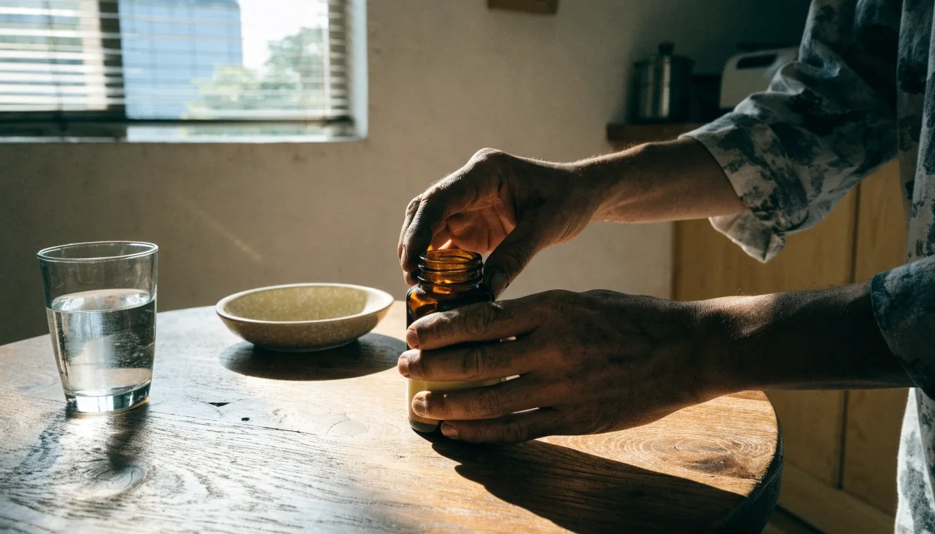 A man's forearms resting on a balcony ledge beside a glass of water in morning light