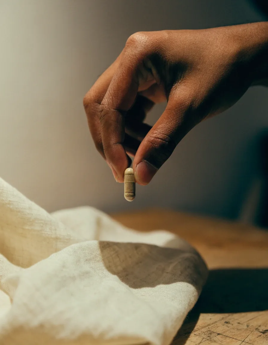 A hand holding a single plain capsule above a linen cloth