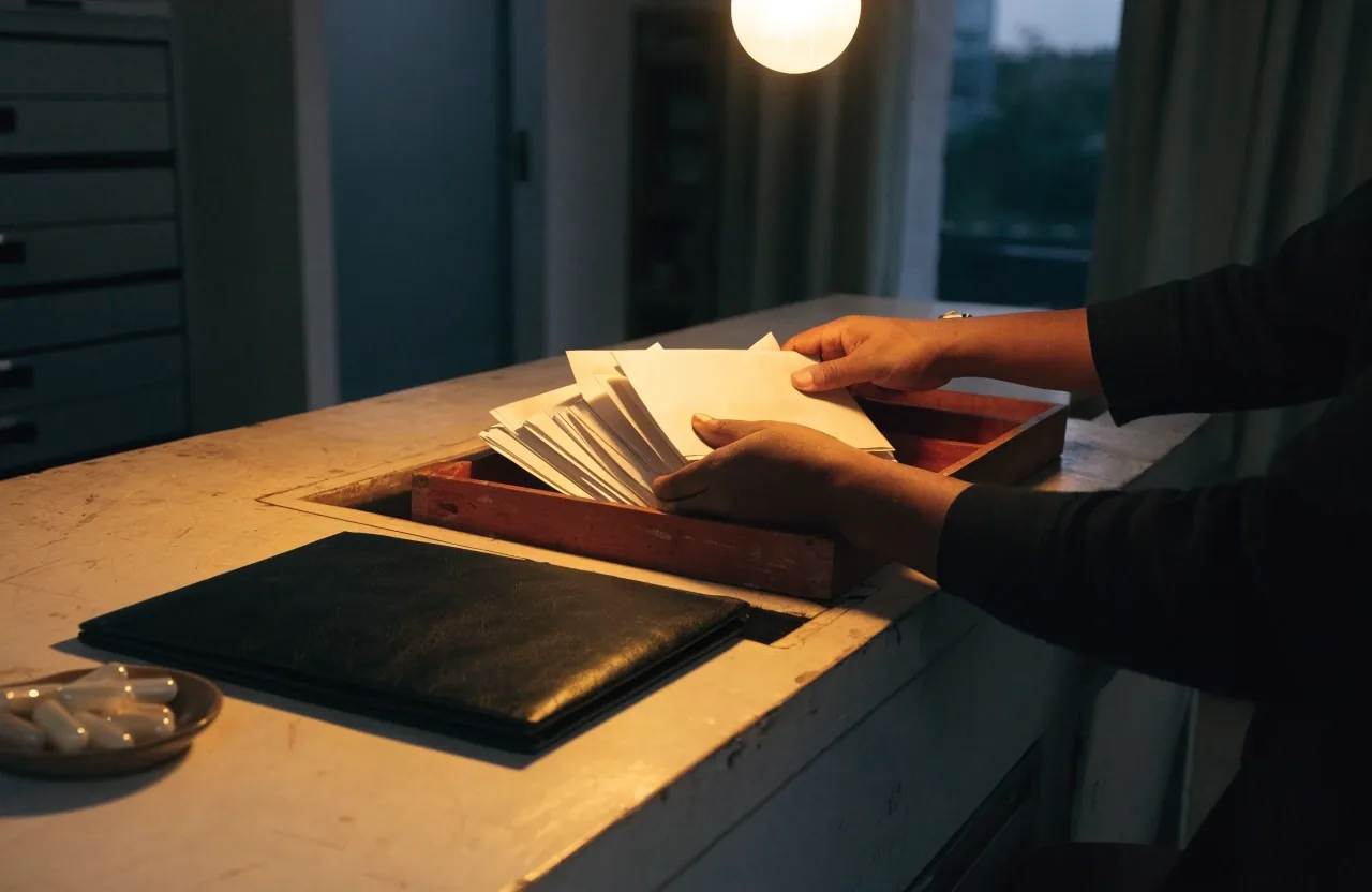 A dusk-lit service counter with a warm bulb above, a closed unmarked folder and a tray of plain capsules, staff hands sorting envelopes