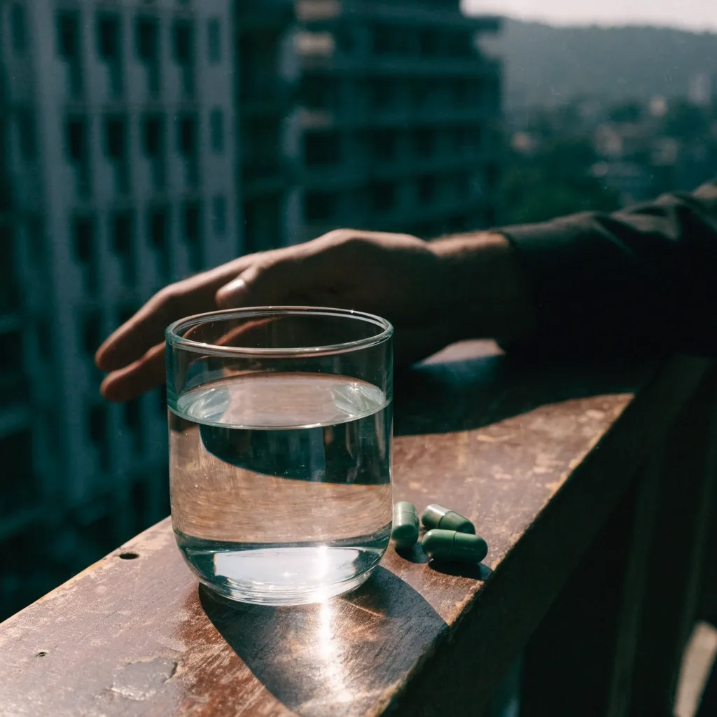 A glass of water and plain capsules on a worn wooden balcony ledge in early Jakarta light, a resting hand at the edge of the frame