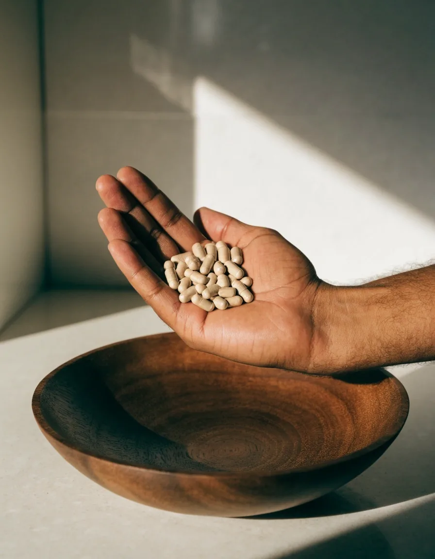 Hands sorting plain unlabelled capsules on a wooden table in soft daylight